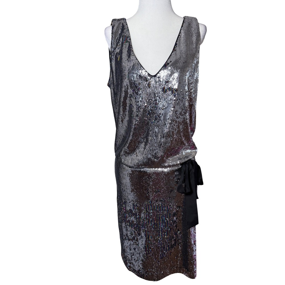 Nicole Miller Collection Silver Sequin‎ Silk Bow Flapper Cocktail Dress